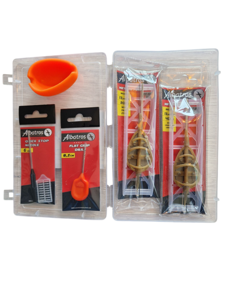 Albatros Method Feeder box 2 x rig , 1 x mould, 1 x flat grip drill, 1 x quick stop needle
