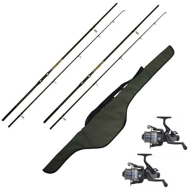 LFT Combo 2 x hengel Battle Carp Camou 10ft 2.75lbs +molen en Carp Run 50 molen incl lijn + 2 vaks foudraal